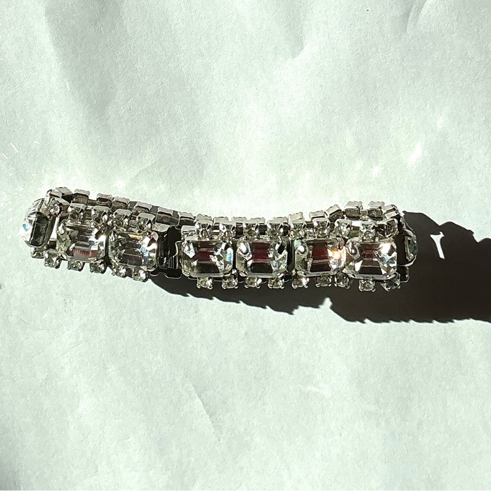 Vintage Elegant Silver Tones Rhinestones and Baguettes Bracelet